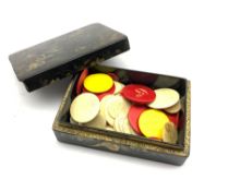 19th century Chinese Export lacquer games box containing various sized stained and plain gaming coun