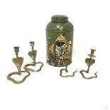 19th century toleware tea cannister with gilt Chinoiserie design on green ground H40cm, together wit