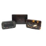 19th century rectangular papier-mache snuff box, the cover with pique work decoration, tortoiseshell