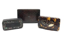 19th century rectangular papier-mache snuff box, the cover with pique work decoration, tortoiseshell