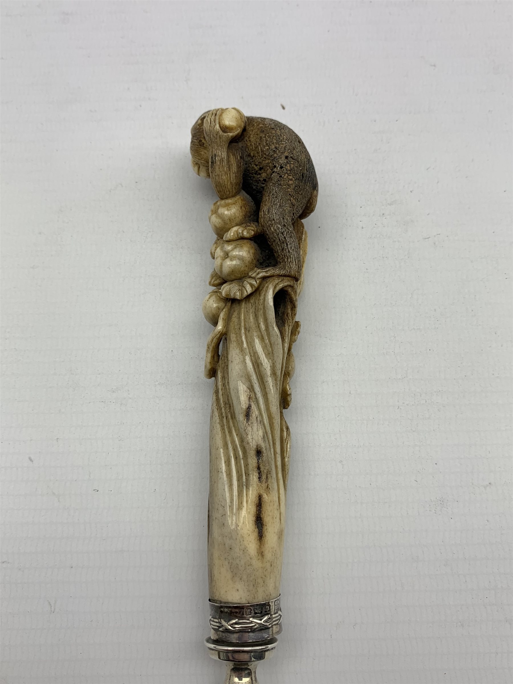 Edwardian silver and bone letter opener, the handle finely carved as a Monkey gathering fruit by Jam - Image 4 of 6