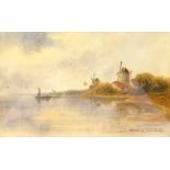 Thomas 'Tom' Dudley (British 1857-1935): River Landscape with Windmills, watercolour signed