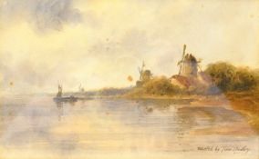 Thomas 'Tom' Dudley (British 1857-1935): River Landscape with Windmills, watercolour signed