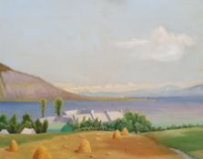 Attrib. Walter McAdam (Scottish 1866-1935): Hayricks before a Loch, oil on board unsigned, inscribed