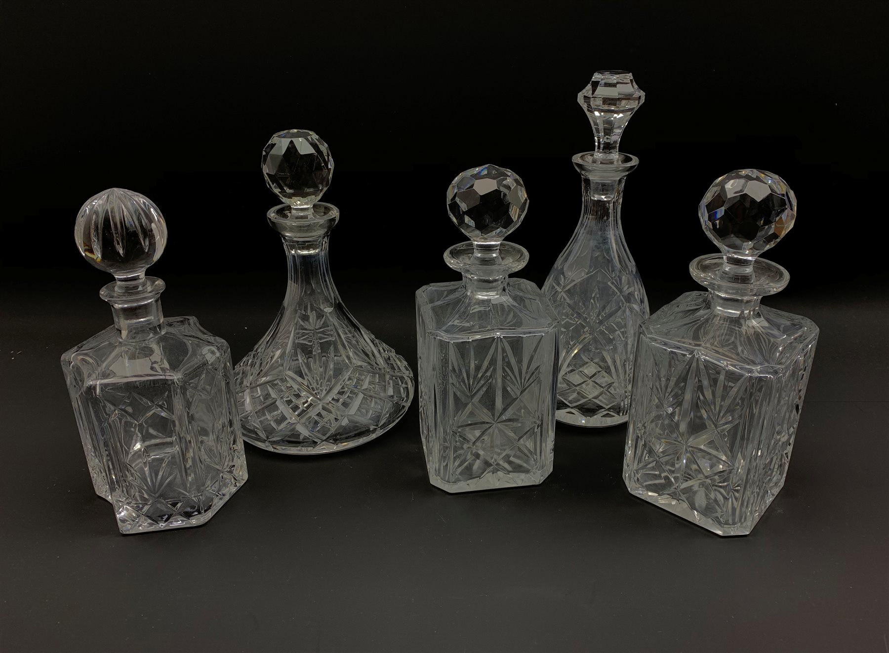 Pair of square section glass decanters, ships decanter and two other decanters (5)