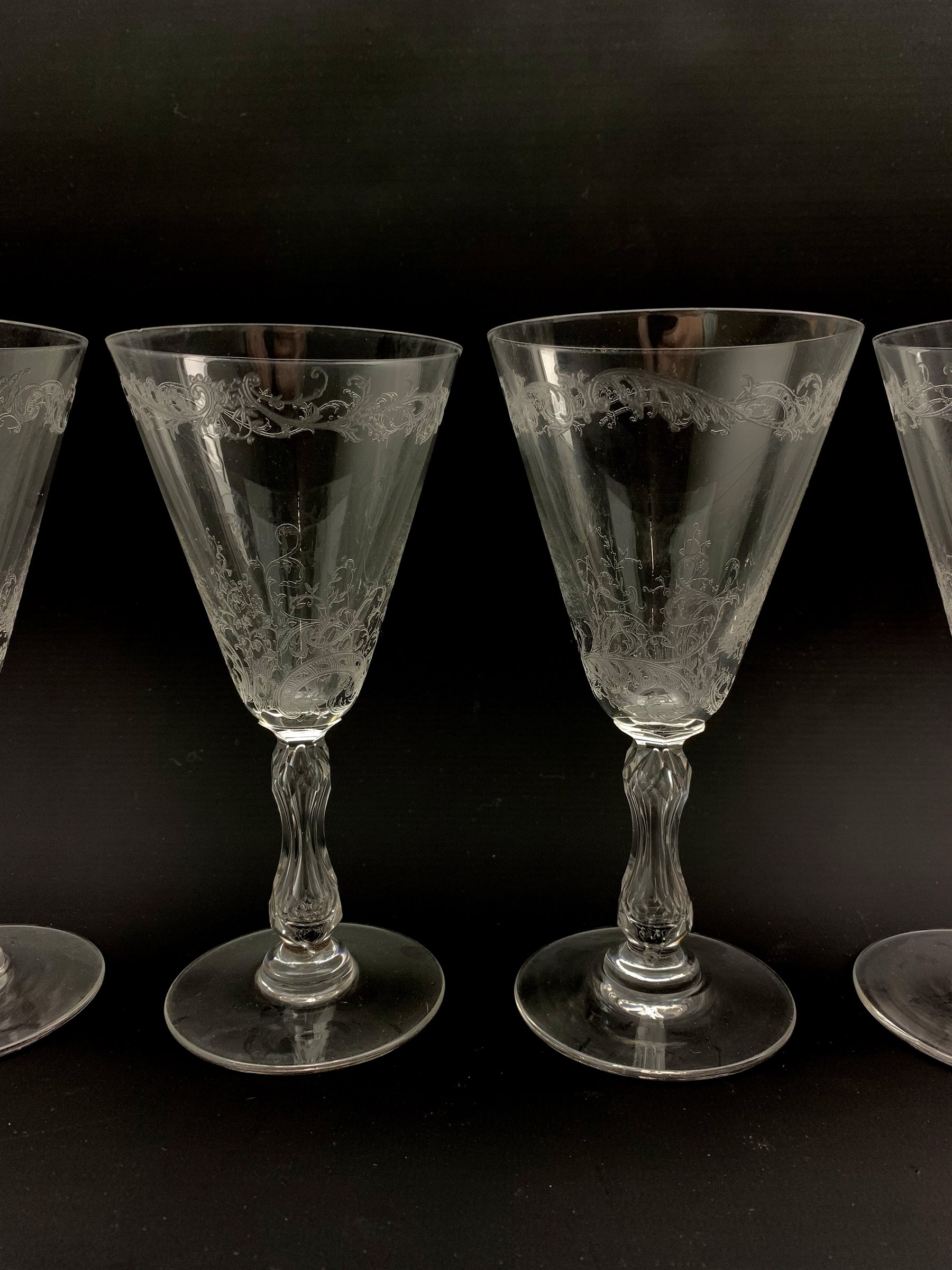 Set of seven early 20th century claret glasses decorated in the Baccarat style with foliate engraved - Image 2 of 2