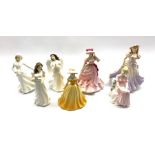 Three Royal Doulton figures Christmas Parcels, Christmas Angel and Skating, two Royal Worcester figu