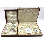 Cased set of three Meissen hand-painted cups and saucers together with similar boxed sweetmeat dishe