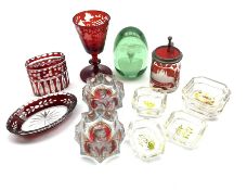 Pair of early 19th century Bohemian clear glass salts with portrait miniatures on ruby glass and gil