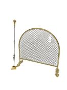 Victorian brass arched framed wire work spark guard with scroll cast feet, H67cm x H61cm with matchi