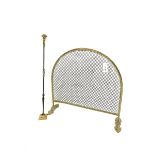 Victorian brass arched framed wire work spark guard with scroll cast feet, H67cm x H61cm with matchi