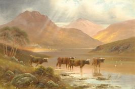 G F Watson (British 19th century): Highland Cattle Watering, oil on canvas signed 39cm x 59cm