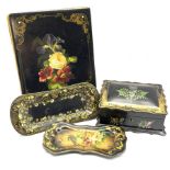 Victorian papier mache jewellery box the hinged cover with painted and mother-of-pearl decoration, s