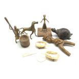 African tribal Lobi figural catapult, two African brass figures, two mother of pearl counters and o
