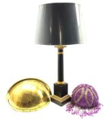 Semi circular brass wall light fitting W43cm, beadwork light shade and two antique design table la