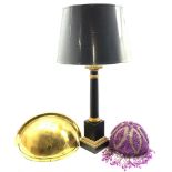 Semi circular brass wall light fitting W43cm, beadwork light shade and two antique design table la