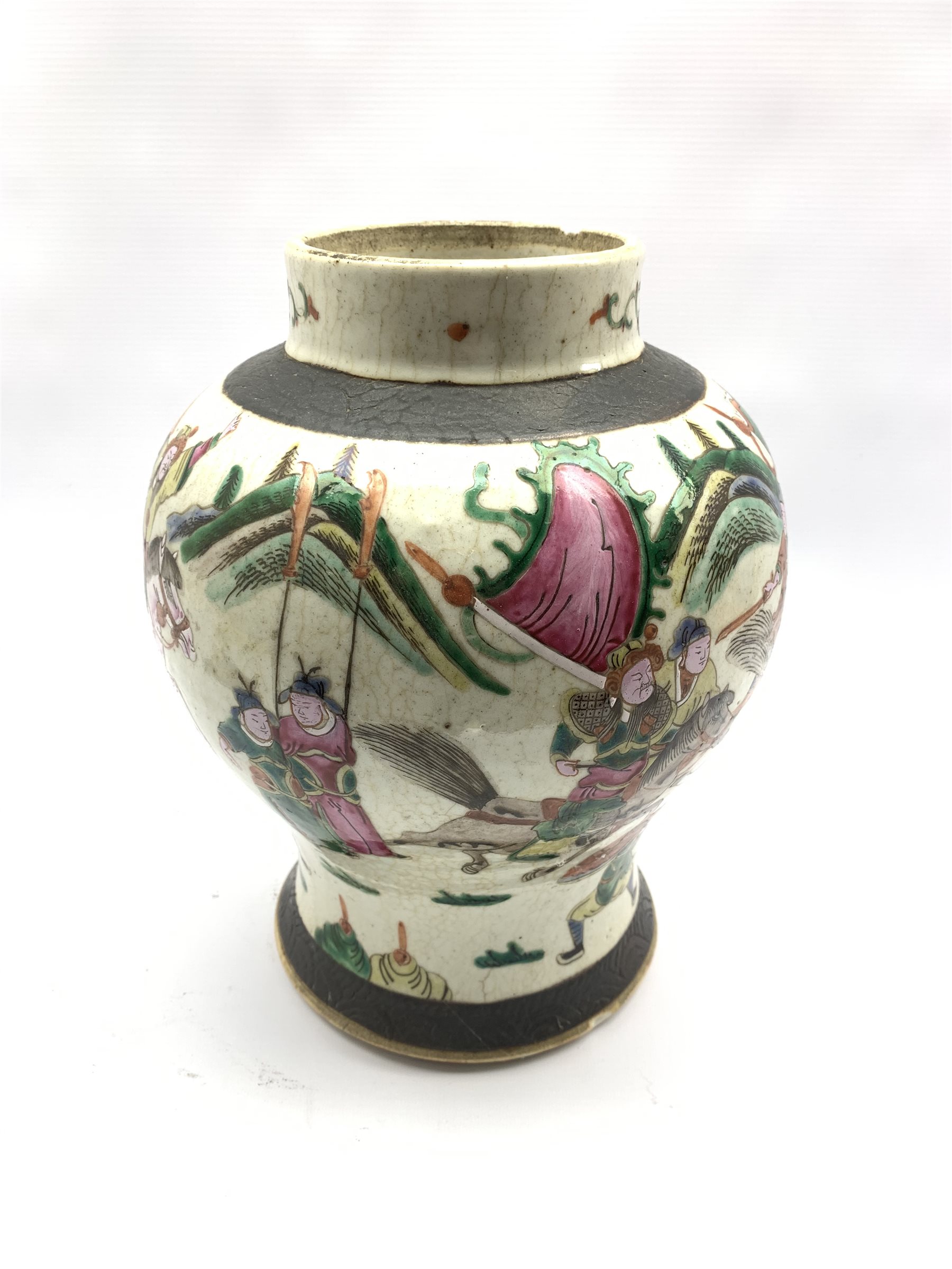 19th century Chinese crackle glazed vase and cover, of baluster form decorated with figures in battl - Image 4 of 4