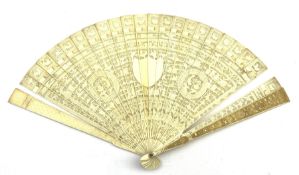 19th century Chinese Canton carved ivory brise fan: each pierced stick intricately carved on one sid