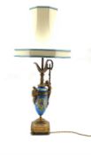 Continental Porcelain table lamp in the form of a ewer decorated with figure panel on a blue ground