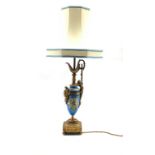 Continental Porcelain table lamp in the form of a ewer decorated with figure panel on a blue ground