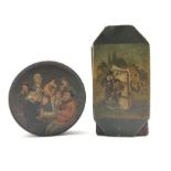 Early 19th century papier-mache circular snuff box in the manner of Stobwasser, painted with a group