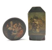 Early 19th century papier-mache circular snuff box in the manner of Stobwasser, painted with a group