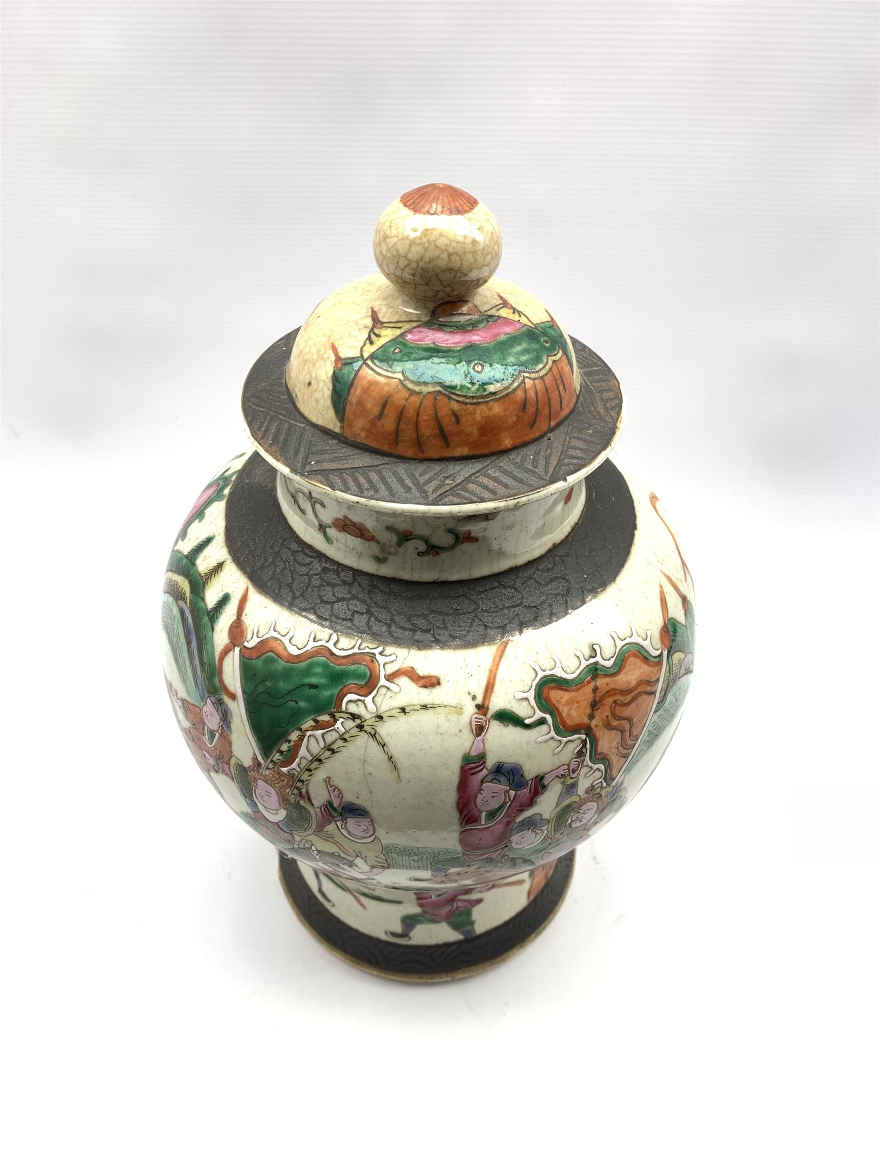 19th century Chinese crackle glazed vase and cover, of baluster form decorated with figures in battl - Image 2 of 4