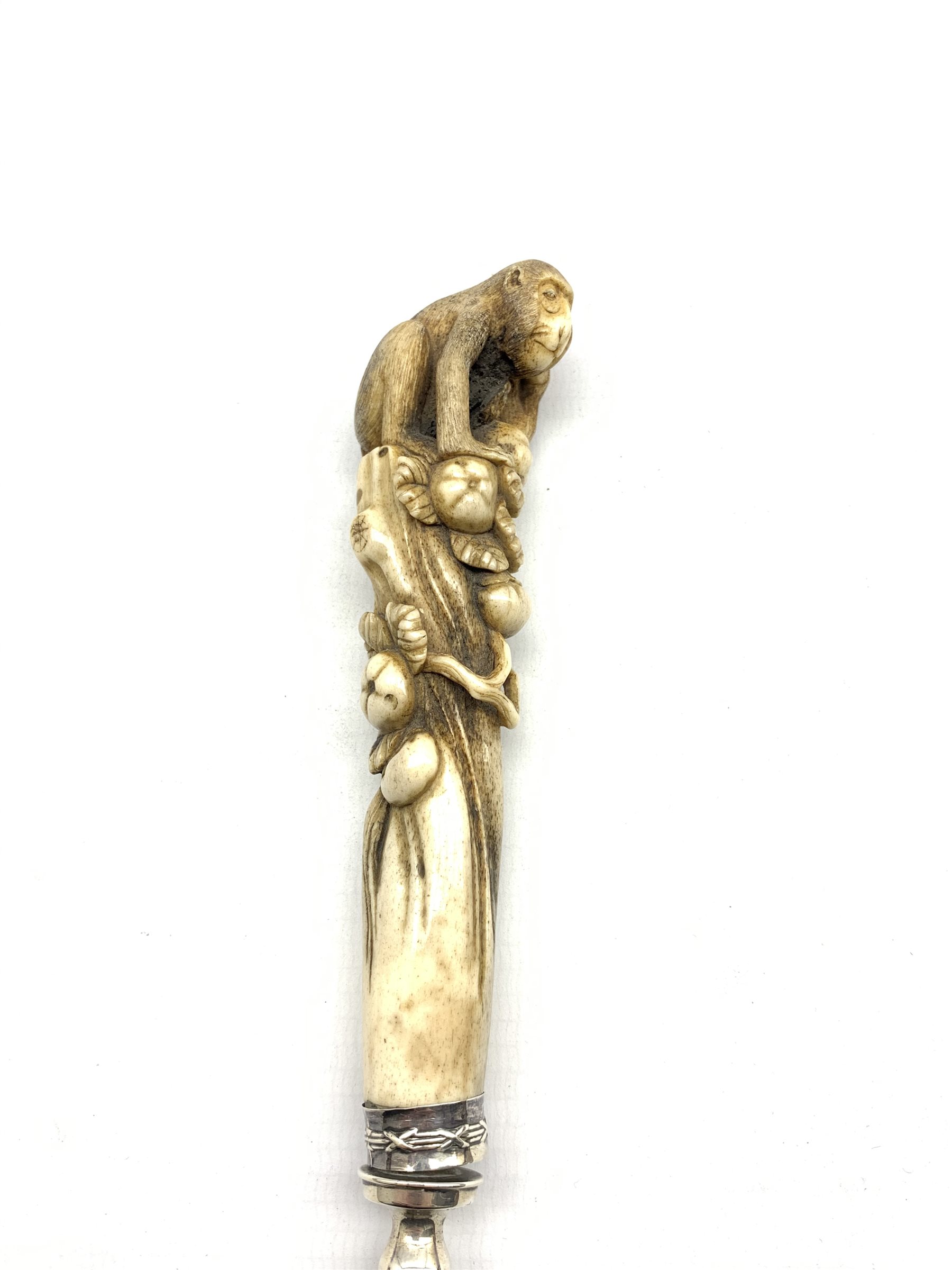 Edwardian silver and bone letter opener, the handle finely carved as a Monkey gathering fruit by Jam - Image 2 of 6