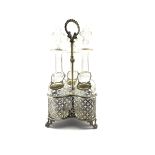 Plated three division decanter stand with loop handle, pierced sides and fitted with three glass dec