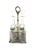 Plated three division decanter stand with loop handle, pierced sides and fitted with three glass dec