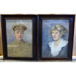 English School (Early 20th century): Portrait of a WWI Soldier and his Wife, pair watercolours signe