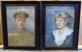 English School (Early 20th century): Portrait of a WWI Soldier and his Wife, pair watercolours signe