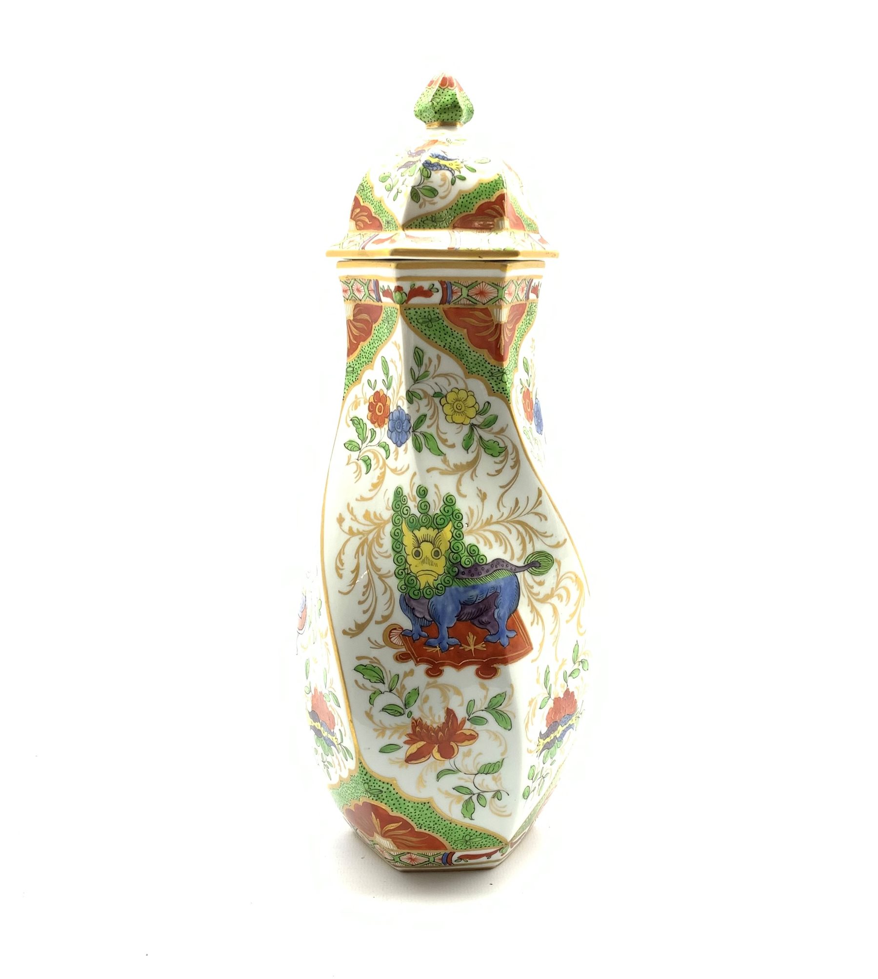 Chelsea style vase and cover of wrythen form painted and gilded with Chinoiserie design, gold anchor