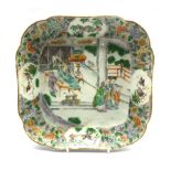 18th century Cantonese famille verte shaped dish enamelled and gilded with courtesans around a digni