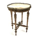 19th century walnut occasional table with pierced brass gallery and marble top of lobed circular des
