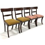 Set of four Regency mahogany dining chairs, with carved back rails, drop in upholstered seat pads, r