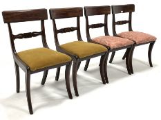 Set of four Regency mahogany dining chairs, with carved back rails, drop in upholstered seat pads, r