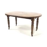 Victorian mahogany extending oval dining table, wind out mechanism, one additional leaf, raised on t