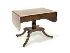 Regency mahogany sofa table banded in rosewood and satinwood with drop end leaves, two frieze drawer