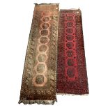 Persian design Bokhara runner rug, with gul motif on red field enclosed by multi line border, (81cm