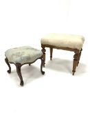 19th century continental walnut footstool with upholstered panel, raised on scroll carved cabriole s