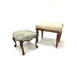 19th century continental walnut footstool with upholstered panel, raised on scroll carved cabriole s