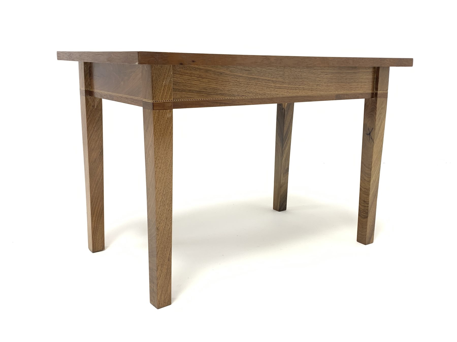 20th century walnut coffee table, rectangular top with fan inlaid spandrels, on square supports, 45c - Image 3 of 3