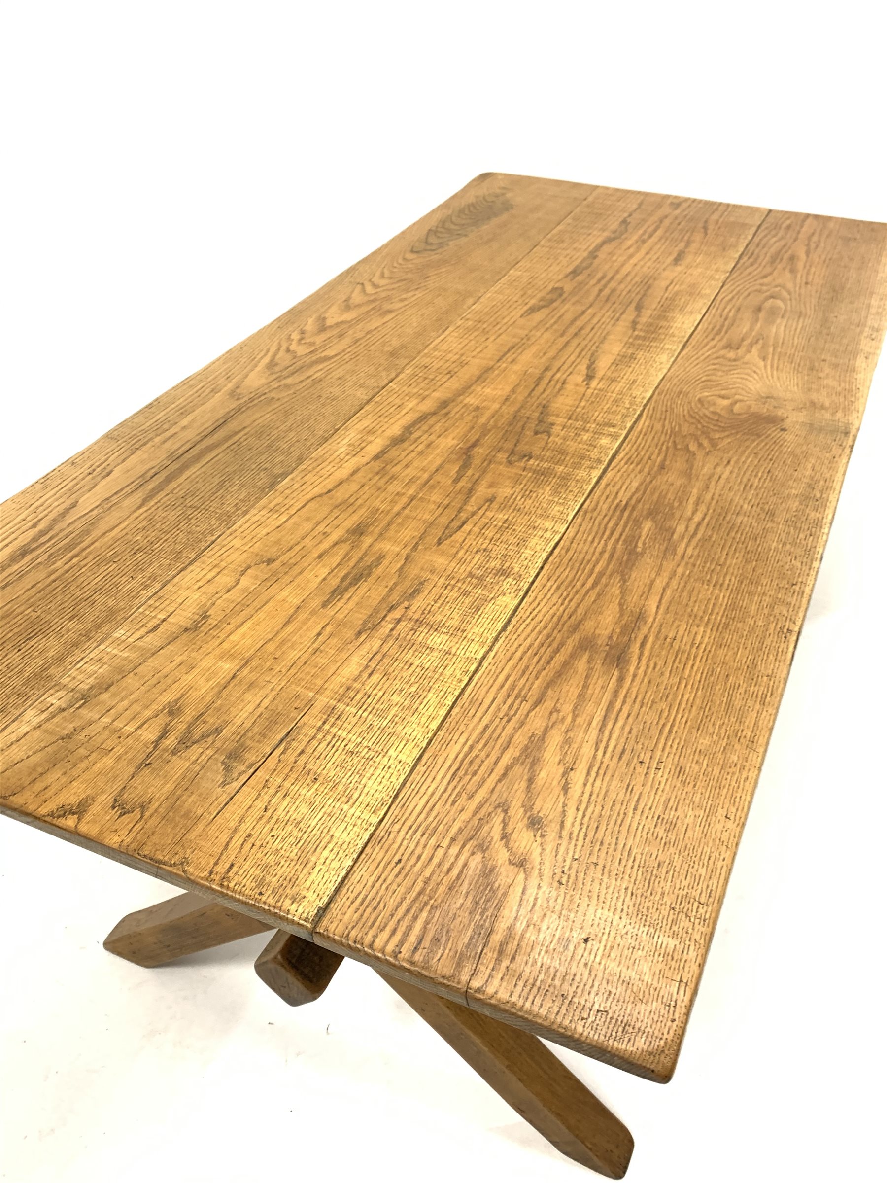 Early 20th century oak refectory style dining table, with rectangular top raised on 'X' supports uni - Image 4 of 4