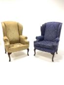 Pair of antique design wing back armchairs, upholstered in gold and blue floral damask fabric respec