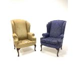 Pair of antique design wing back armchairs, upholstered in gold and blue floral damask fabric respec