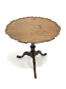 George III mahogany tripod table, circular moulded pie crust tilt top on turned column, three out sp