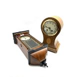 Edwardian inlaid walnut mantel clock of cartouche form with eight day movement, (W17cm) together wit
