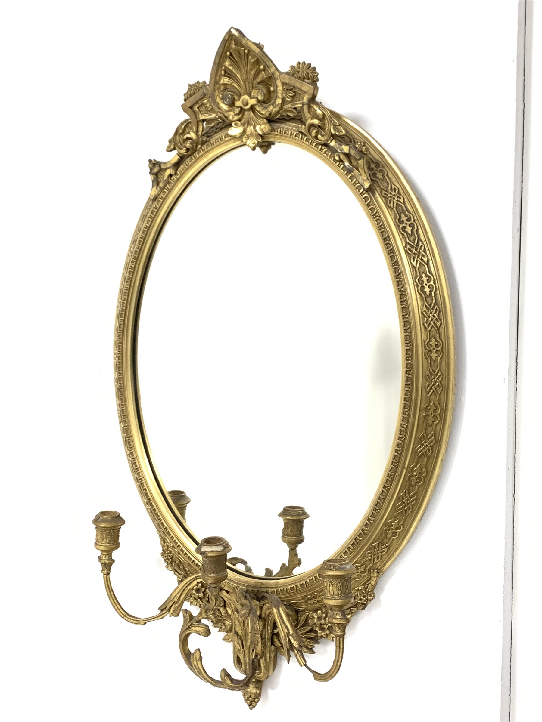 Late 19th century gilt wood and gesso framed wall mirror, anthemion pediment above oval mirror plate - Image 2 of 4