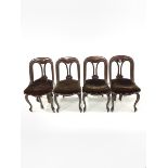 Set four Victorian mahogany balloon back dining chairs, with scroll carved detail, raised on cabriol